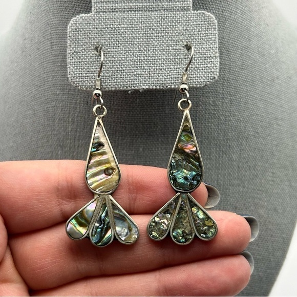 Vintage Alpaca Mexico Genuine Abalone Shell Carrot Design Dangle Pierced Earring - Picture 3 of 11